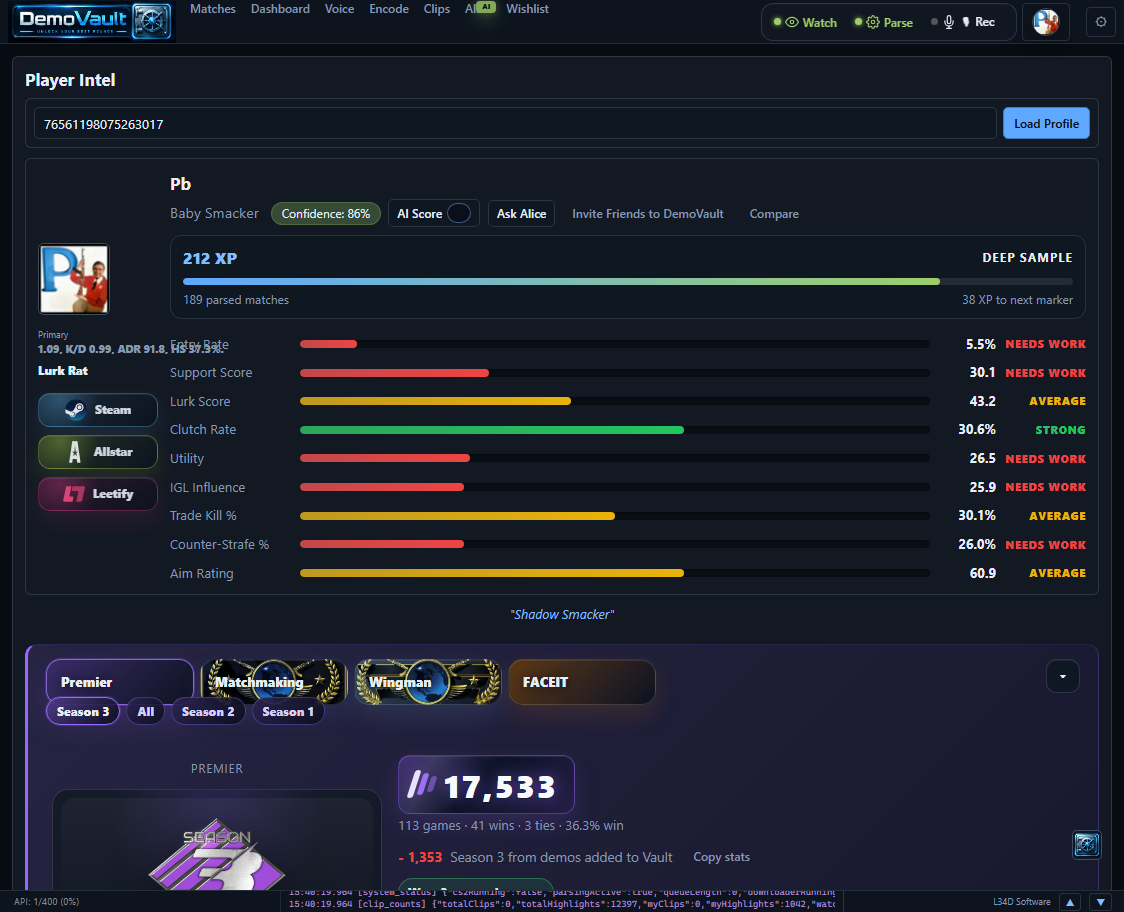 DemoVault profile coach tab