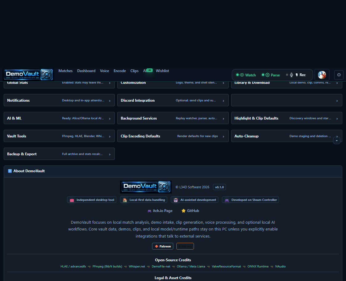 DemoVault settings about section