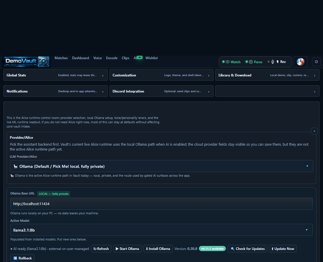 DemoVault local AI settings