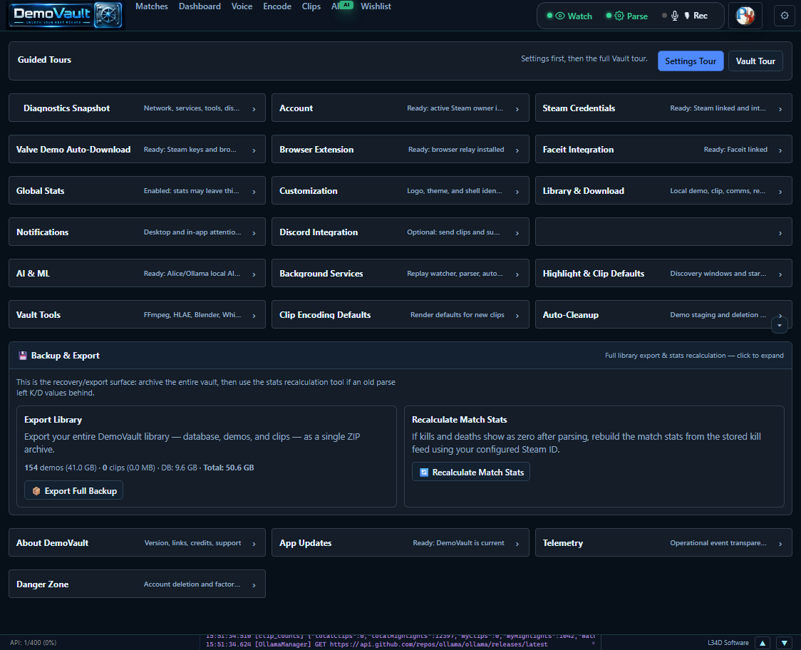 DemoVault backup and update settings