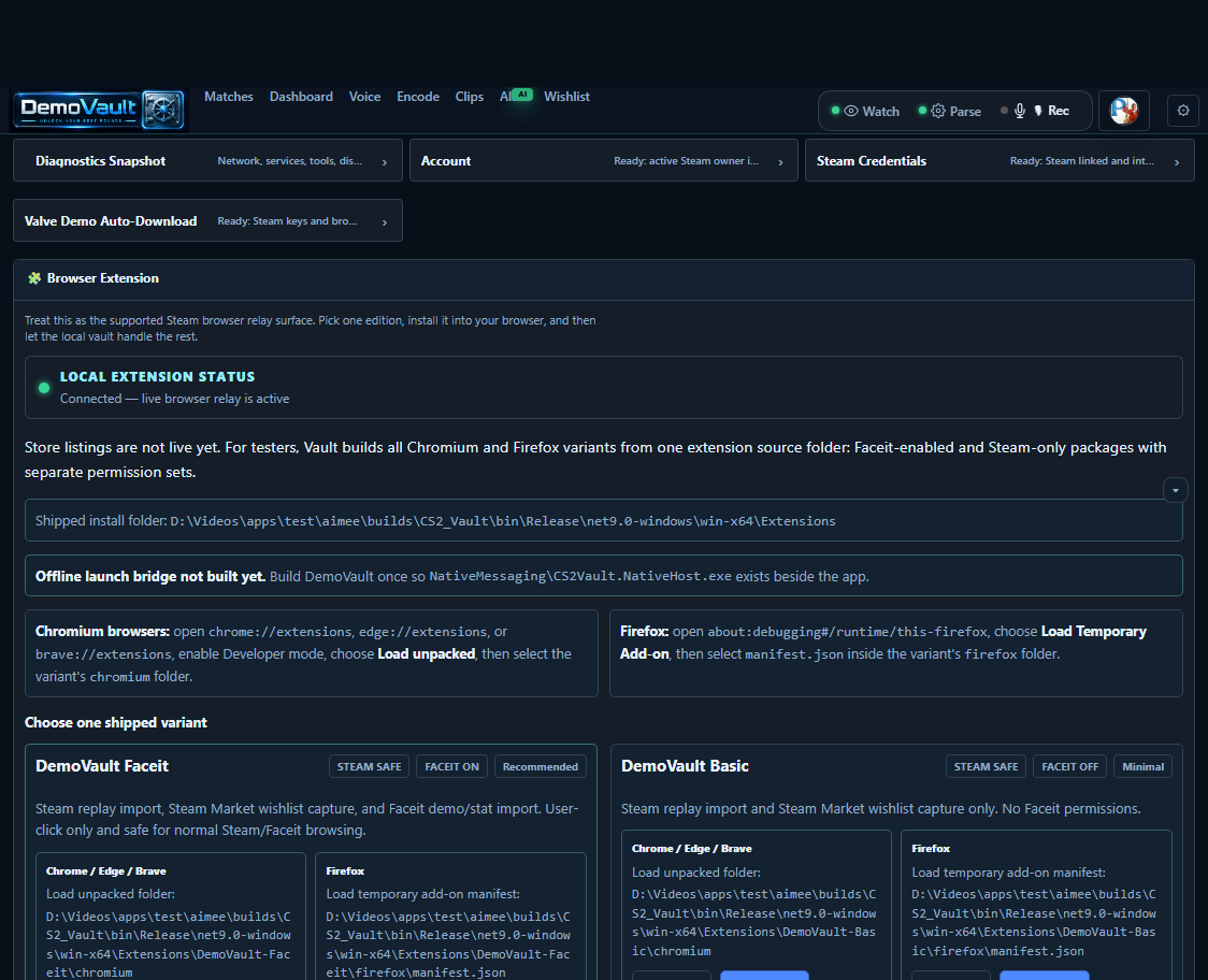 DemoVault browser extension settings