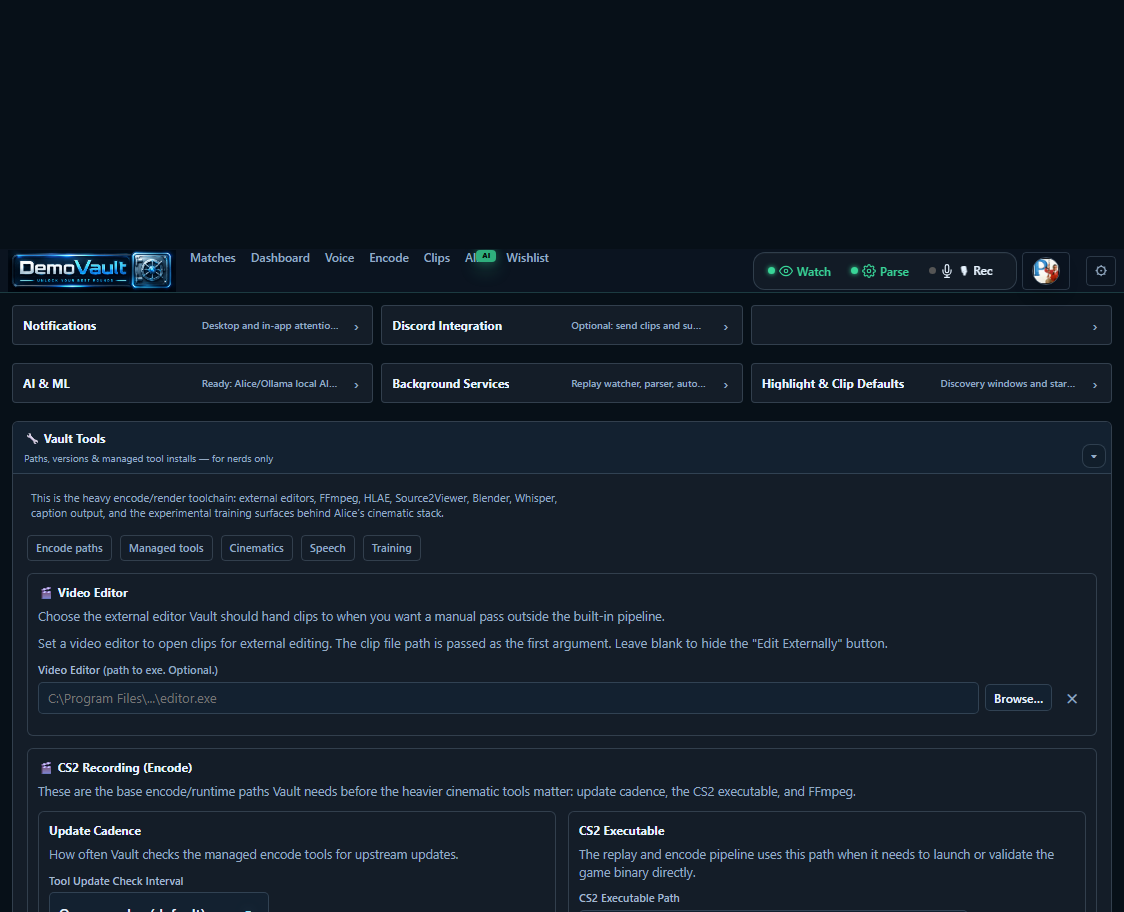 DemoVault managed tool settings