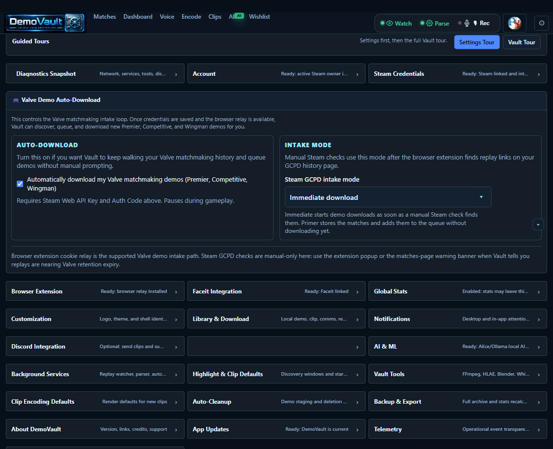 DemoVault match intake settings